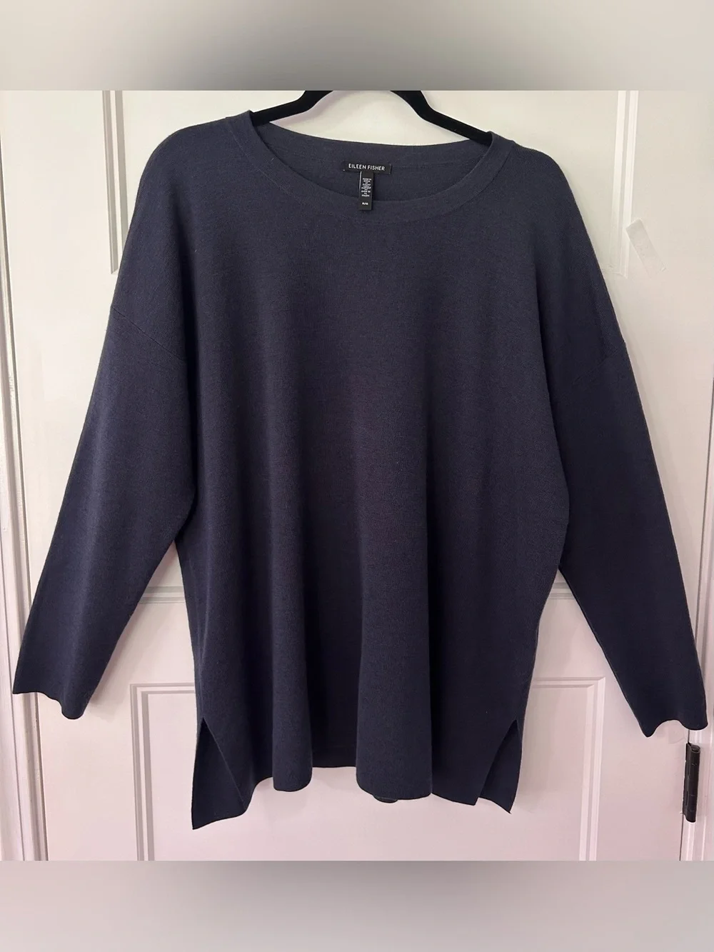 Eileen Fisher Italian Fine Merino Wool Tunic Sweater Navy Oversized M Soft